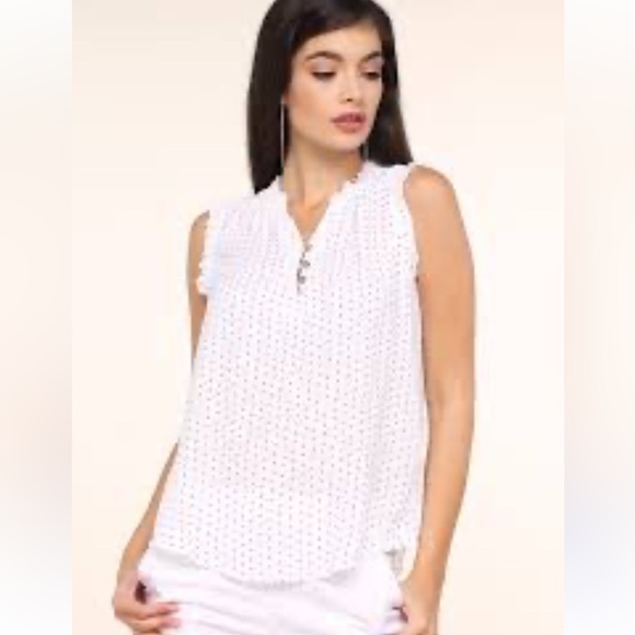 Tops - White With Black Irregular Polka Dots Ruffle Sleeveless Blouse, XL